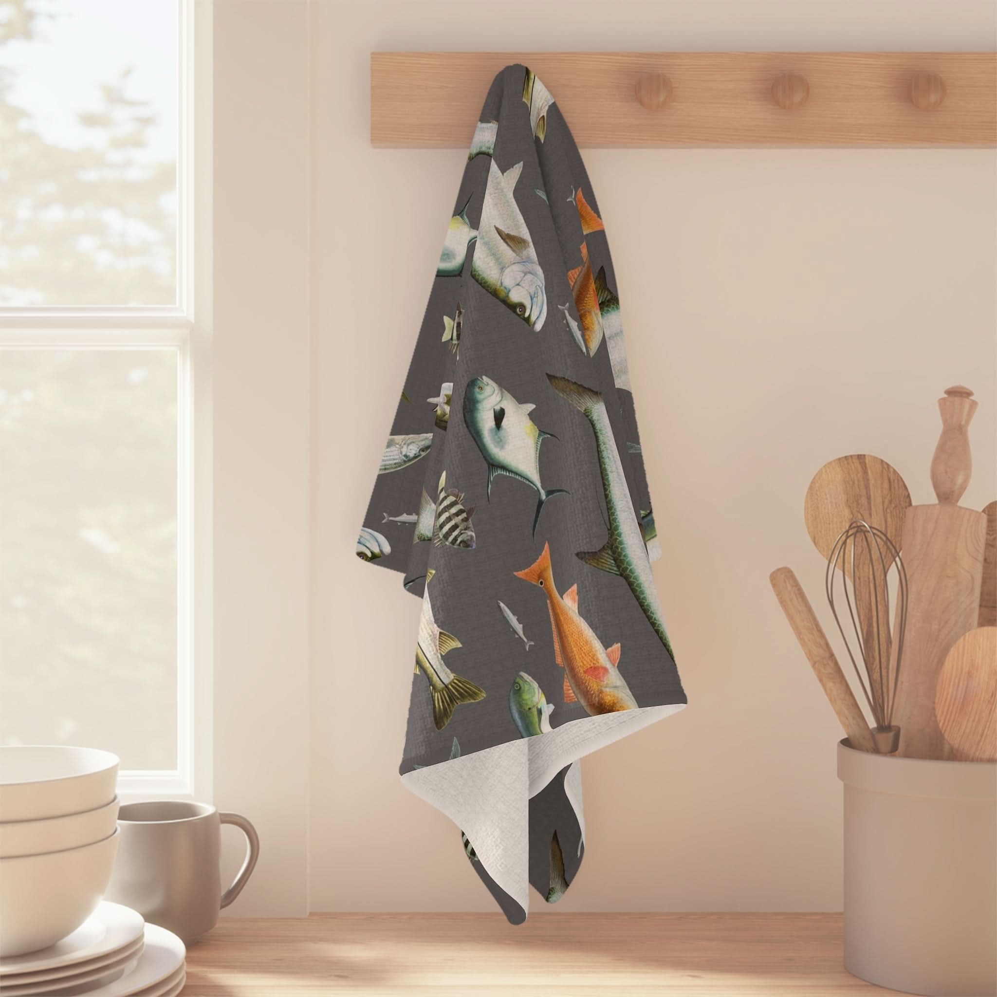 Vibrant Southern Flats Fish Grey Soft Kitchen Towel
