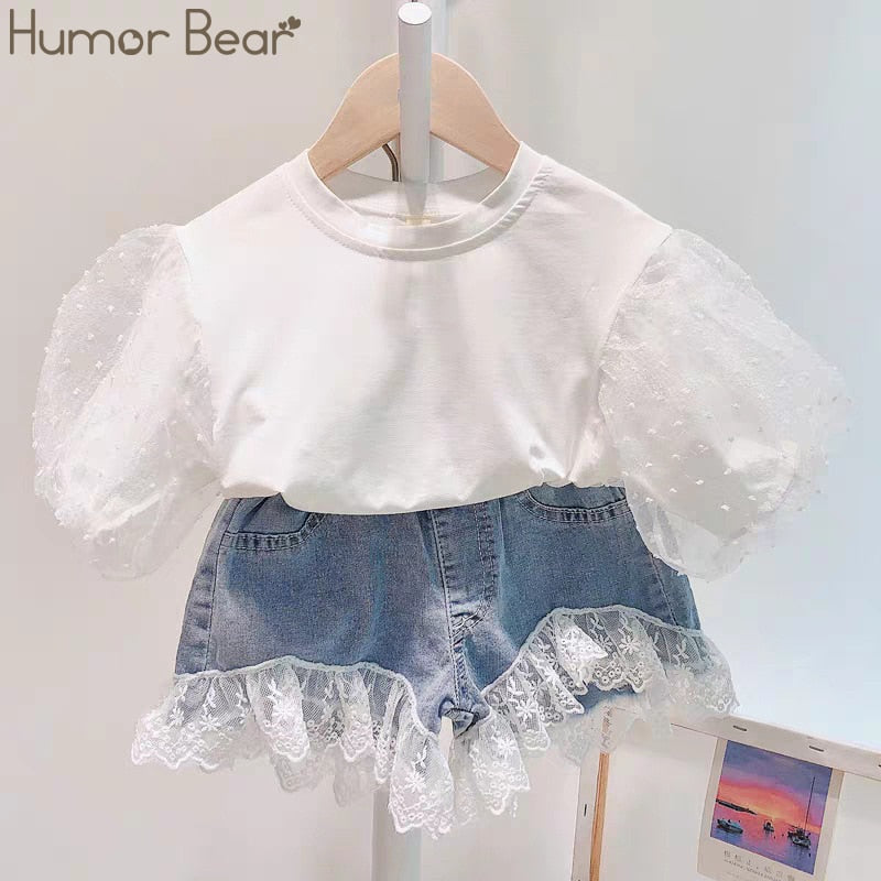 Stylish Summer Girl's Clothing Set with Bubble Sleeve Top and Denim Shorts