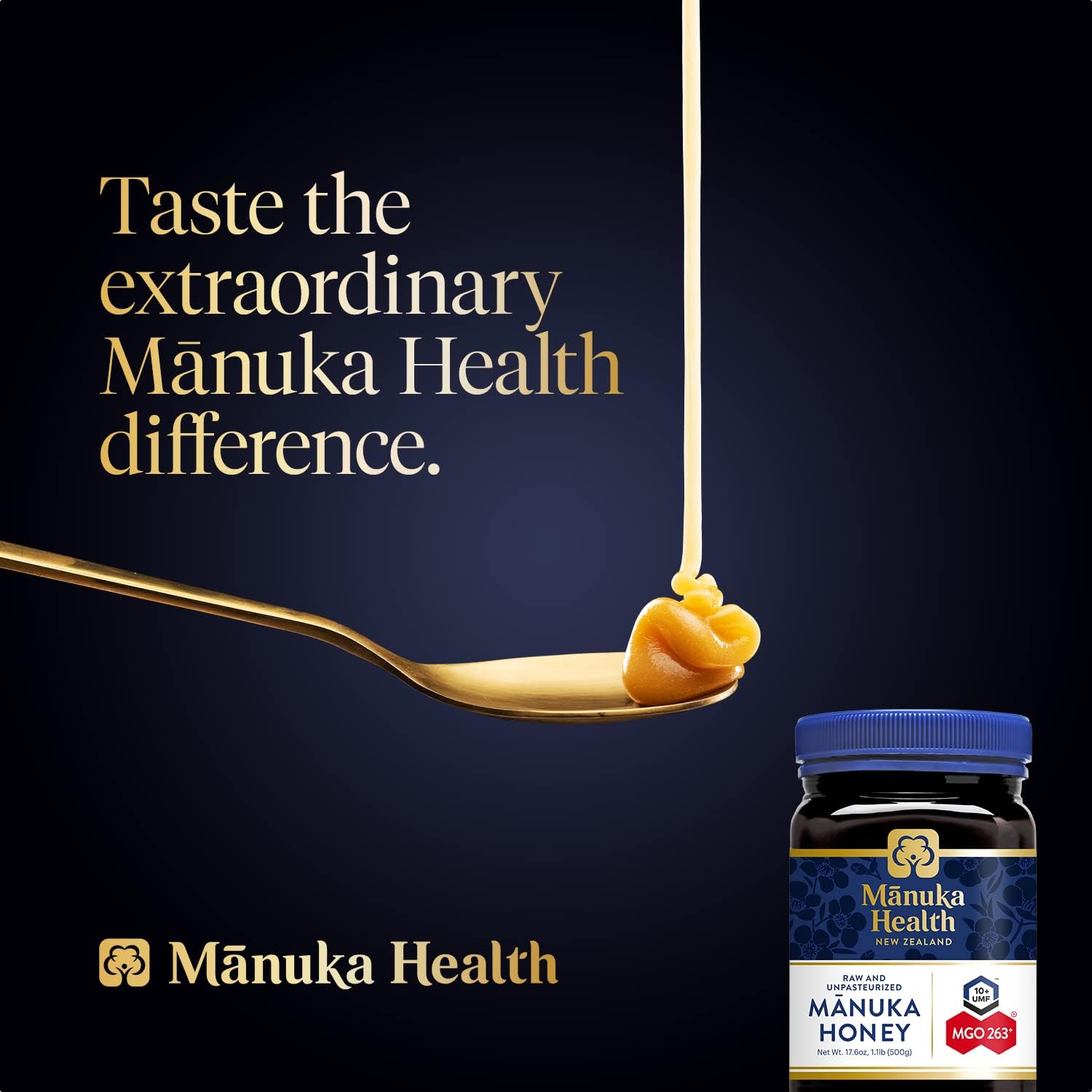 Manuka Health UMF 10+/MGO 263+ Raw Manuka Honey, 500g/17.6oz - Premium New Zealand Honey