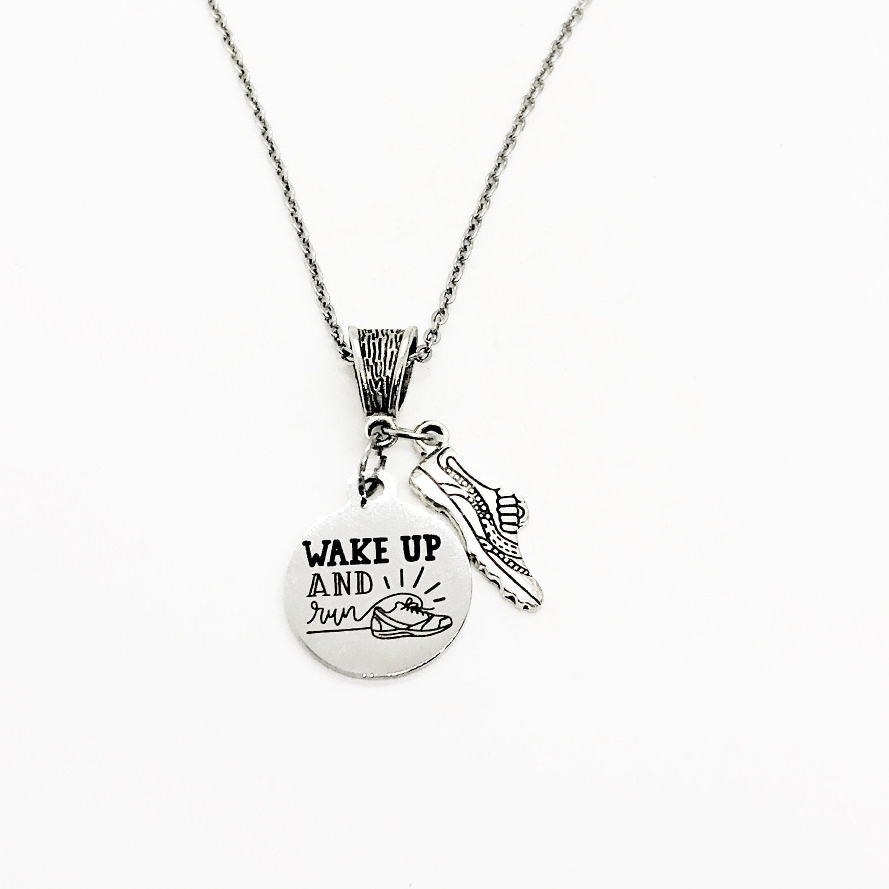 Stainless Steel "Wake Up and Run" Inspirational Runner Necklace