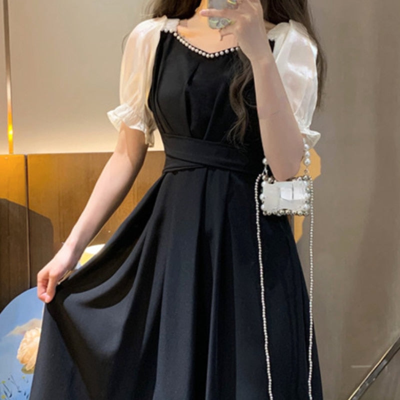 Elegant French Vintage Midi Dress with Puff Sleeves for Summer 2022