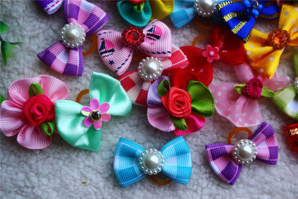 Glamorous Pet Dog Hair Bows Set - 100pcs with Rhinestones and Pearls
