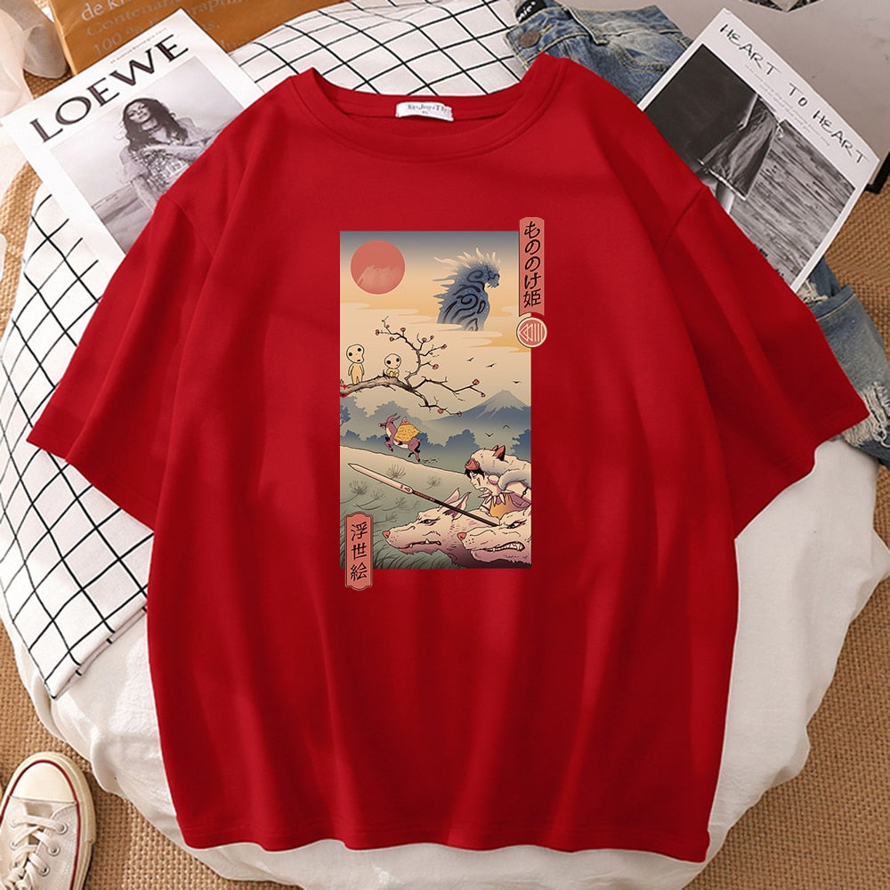 Epic Wolf Princess Ukiyo-e Graphic Tee - Men's Short Sleeve Casual T-Shirt