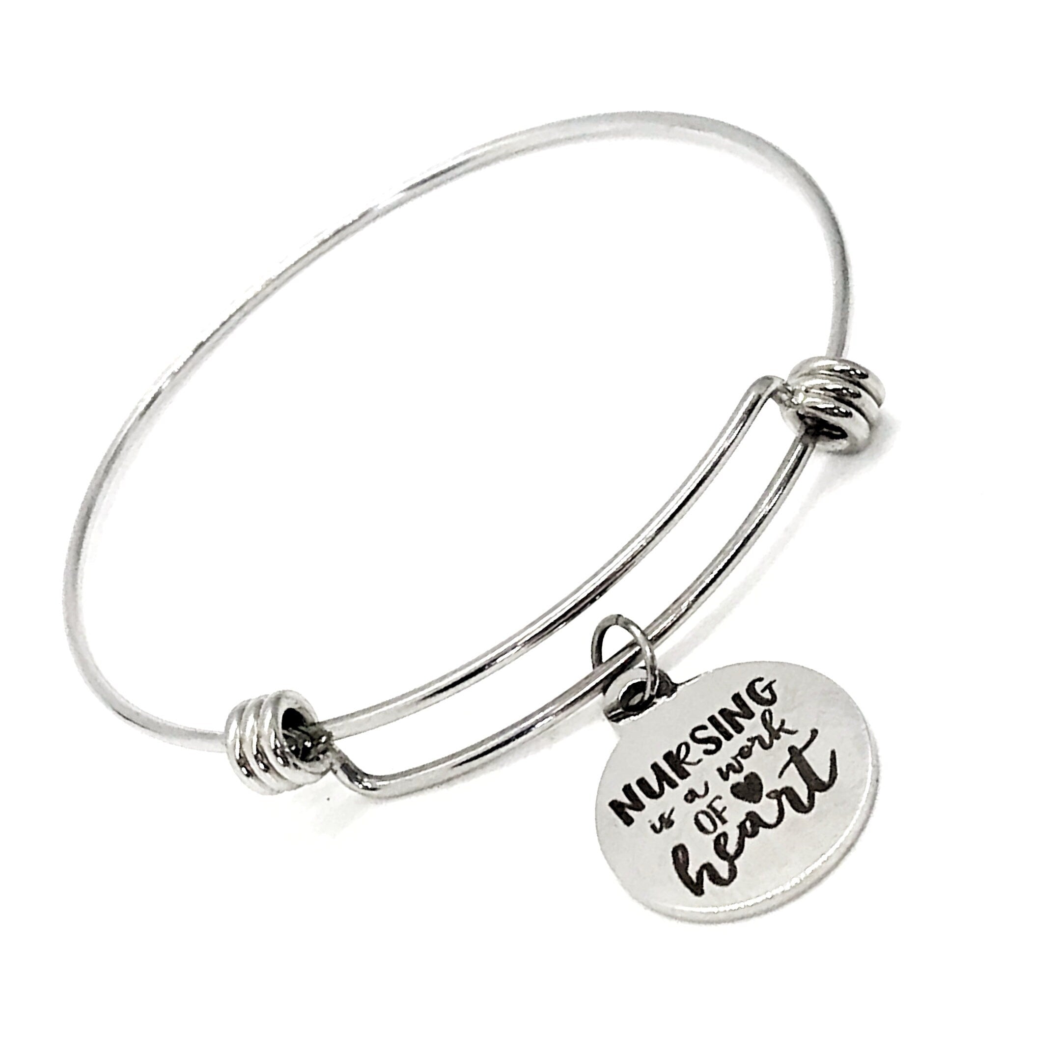 Nurse Appreciation Gift - Stainless Steel Heart Charm Bangle
