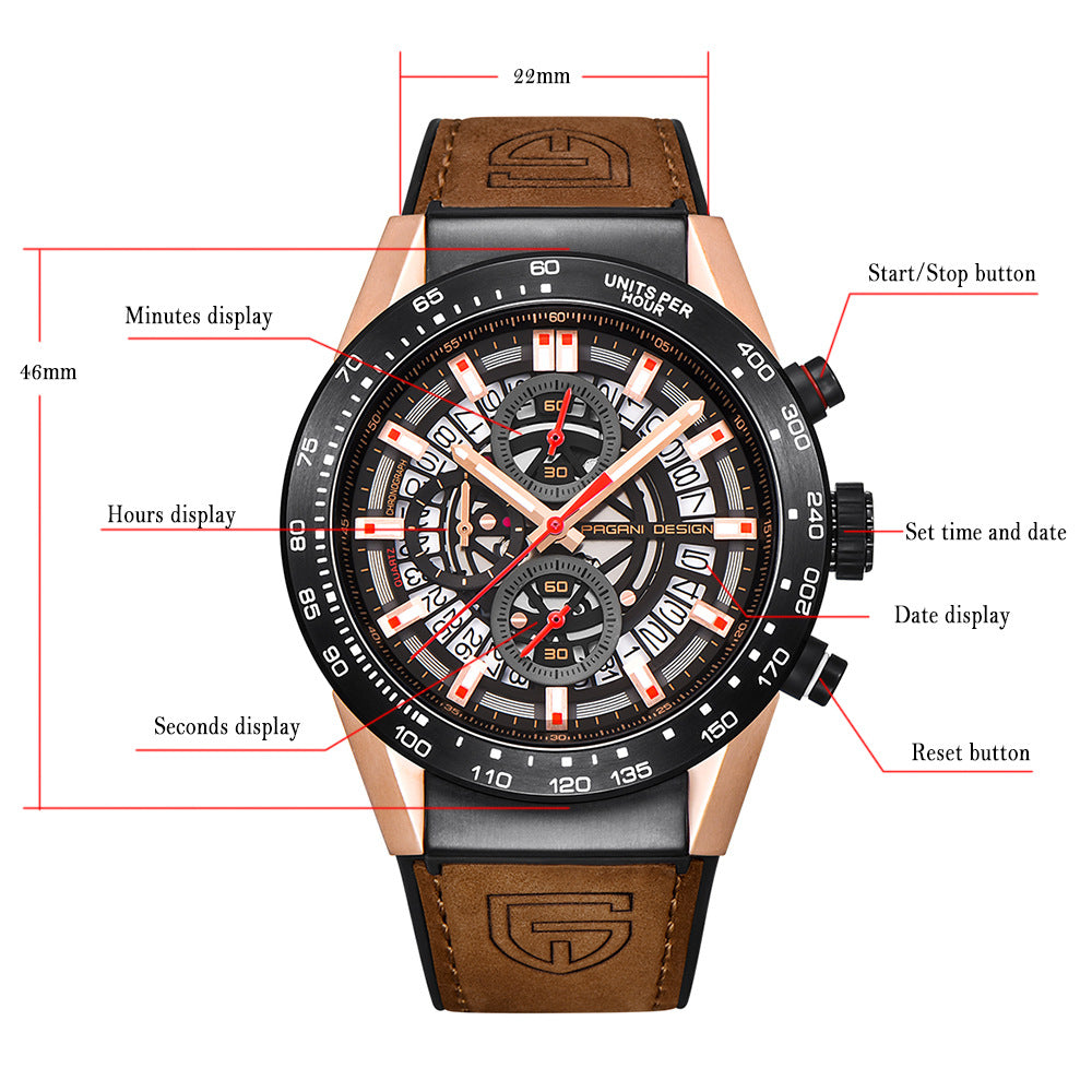 Stylish Quartz Watch with World Time and Calendar