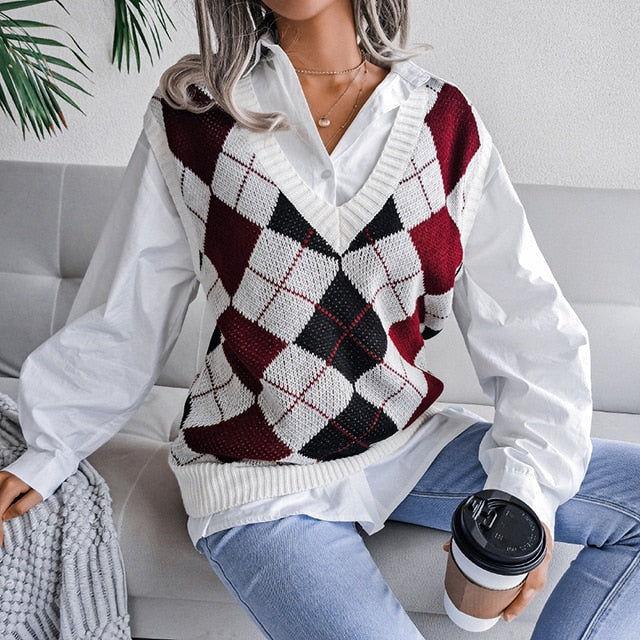 Stylish Women's Houndstooth Knitted Sweater Vest