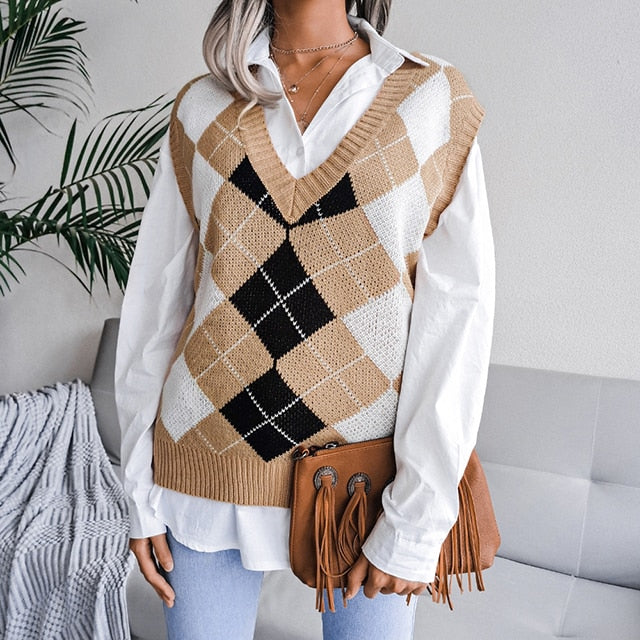Stylish Women's Houndstooth Knitted Sweater Vest