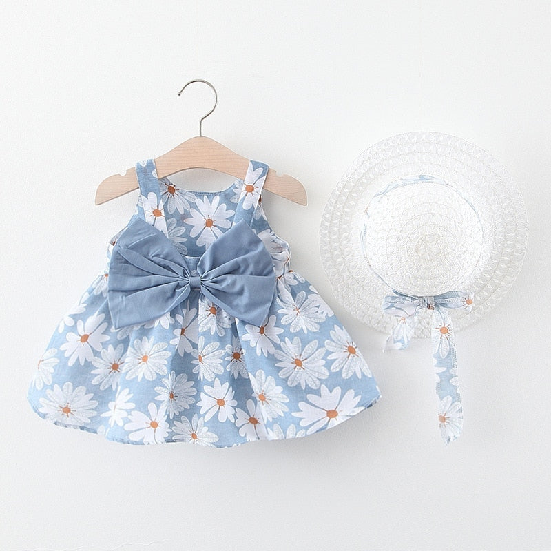 Summer Baby Girls Floral Sleeveless Dresses with Sunhat Set
