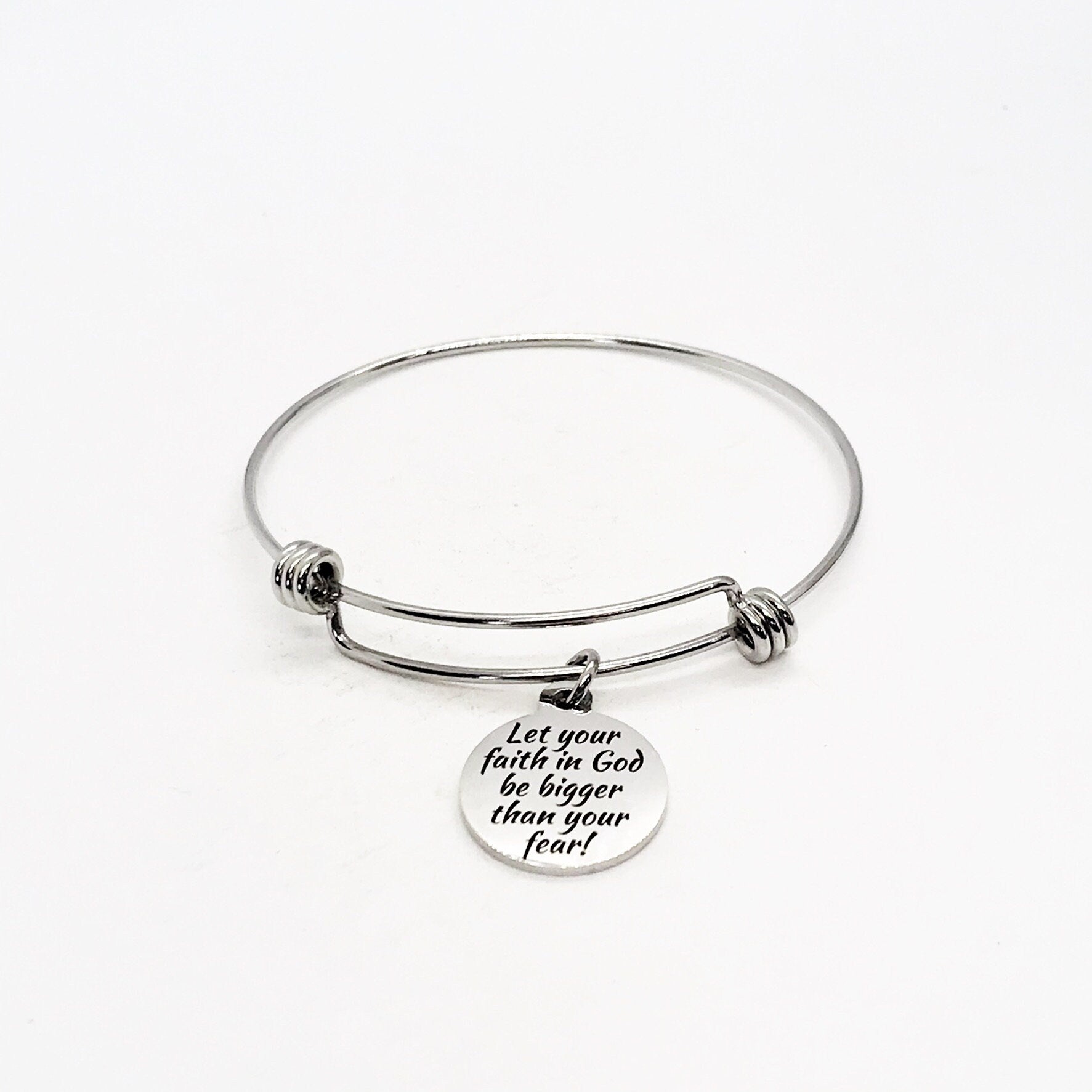 Faith-Inspired Stainless Steel Bangle with Engraved Charm