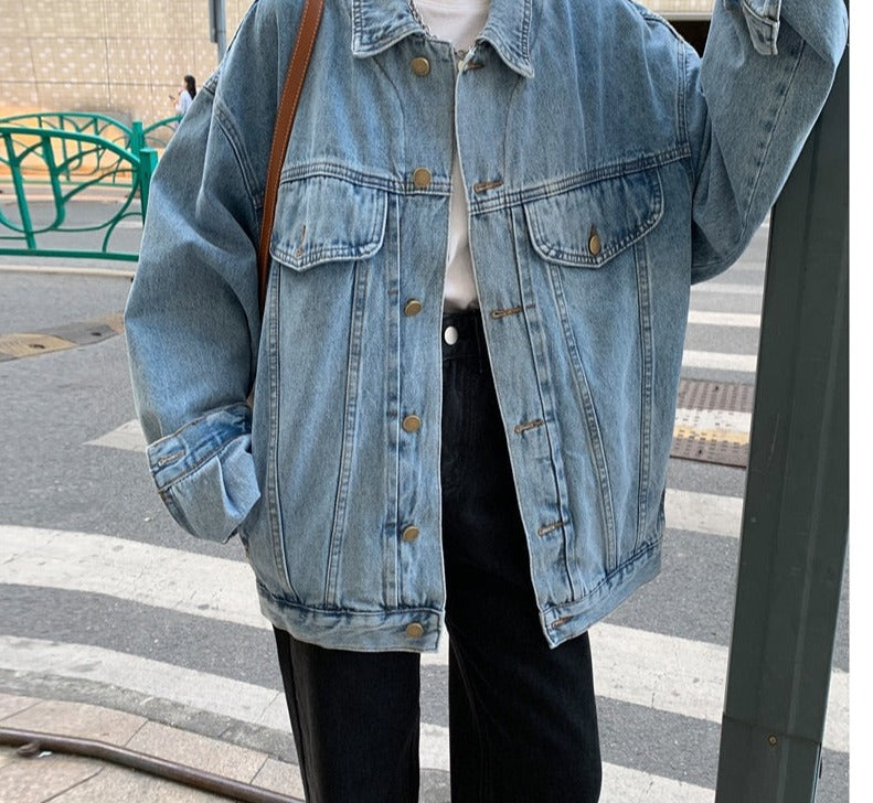Kukombo Women's Autumn Denim Jacket with Turn-Down Collar