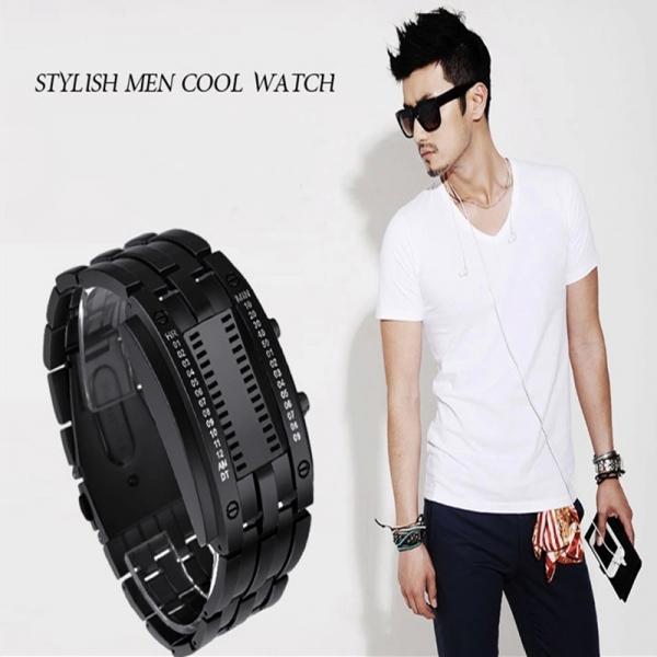 Men's Binary Stainless Steel LED Sport Watch with Date & Water Resistance