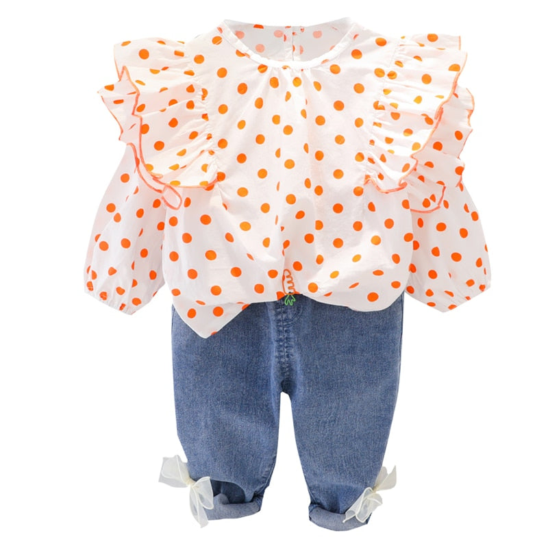 Spring/Autumn Girls' Polka Dot Lace Top & Bow-knot Jeans Set