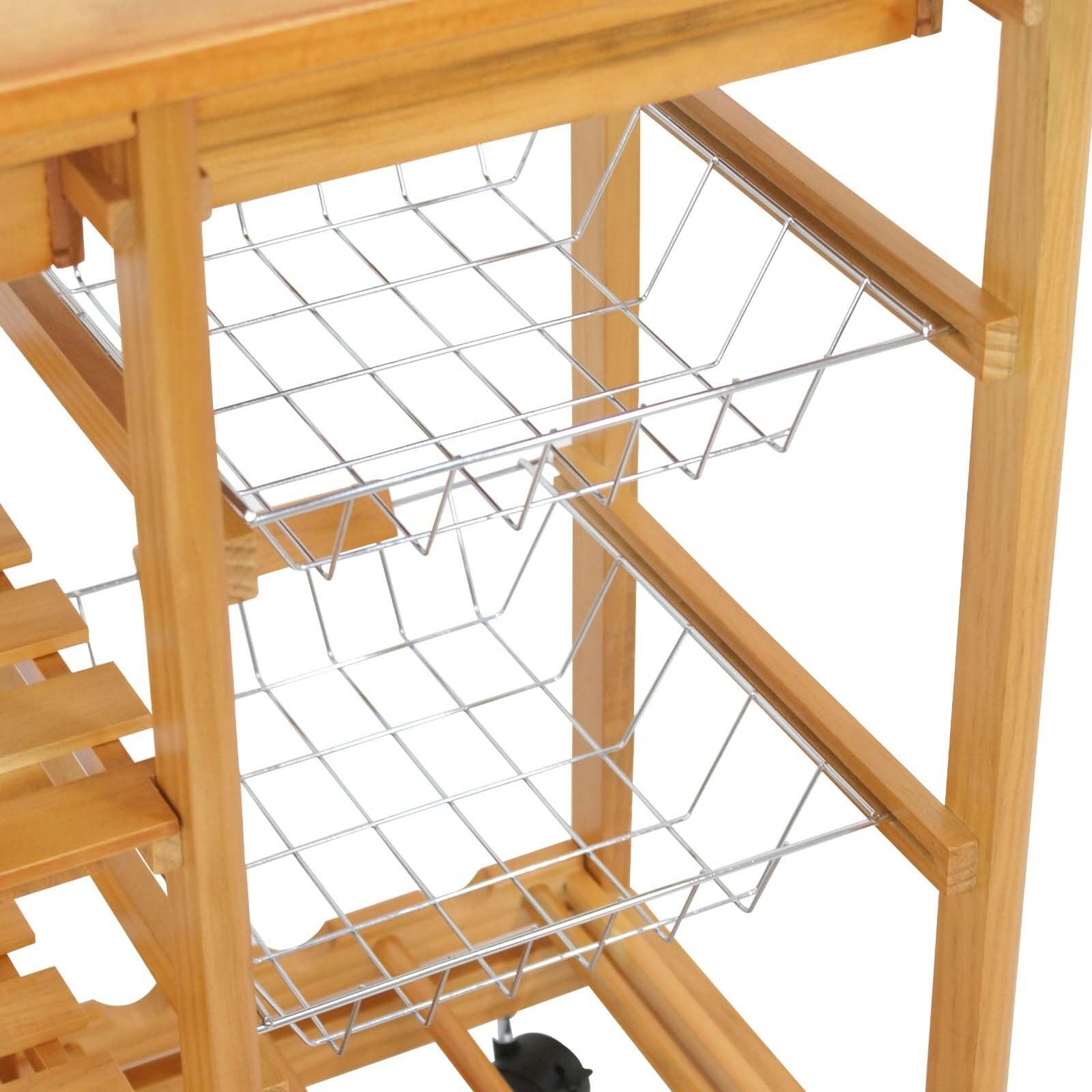 Pine Wood Rolling Kitchen Trolley with Storage Drawers and Bottle Rack