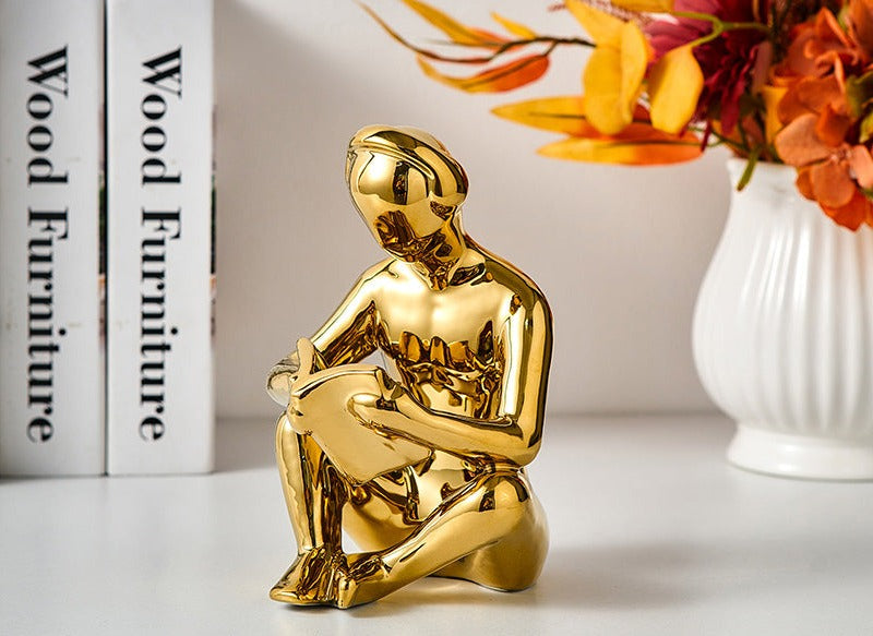 Elegant Reading with Headphones Ceramic Statue