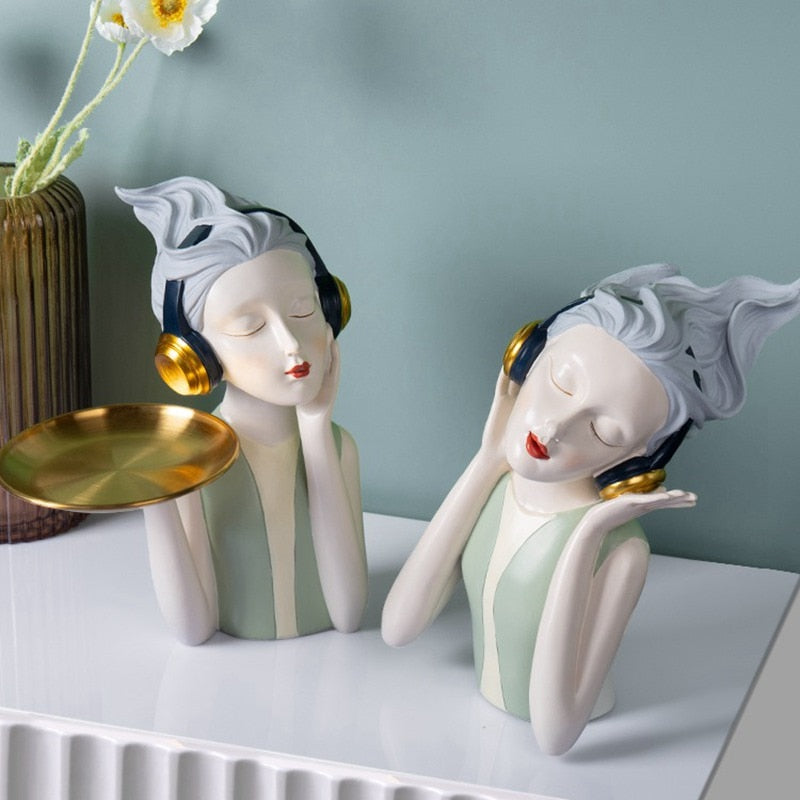 Elegant Headphone Girls Statue for Home Decor