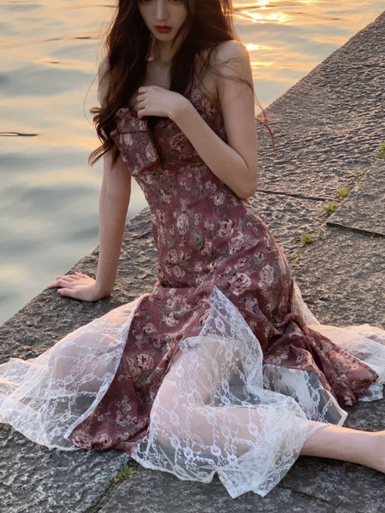 French Floral Vintage Strap Dress for Women - Chic, Elegant, and Sexy Beach Style 2 Piece Set