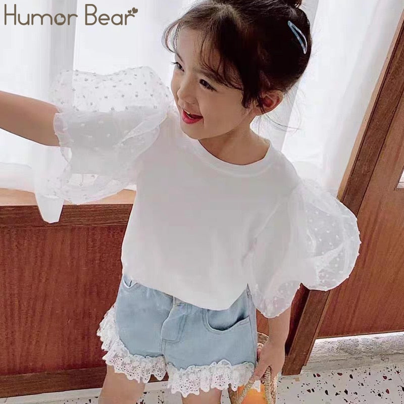 Stylish Summer Girl's Clothing Set with Bubble Sleeve Top and Denim Shorts