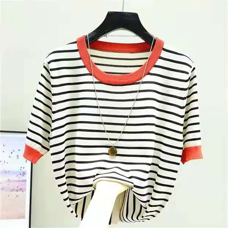 Elegant Striped Gauze T-Shirt for Women