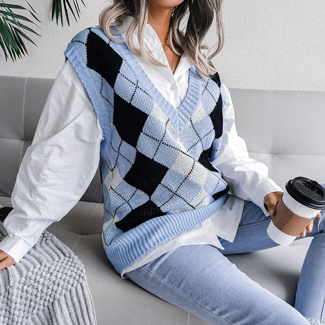 Stylish Women's Houndstooth Knitted Sweater Vest