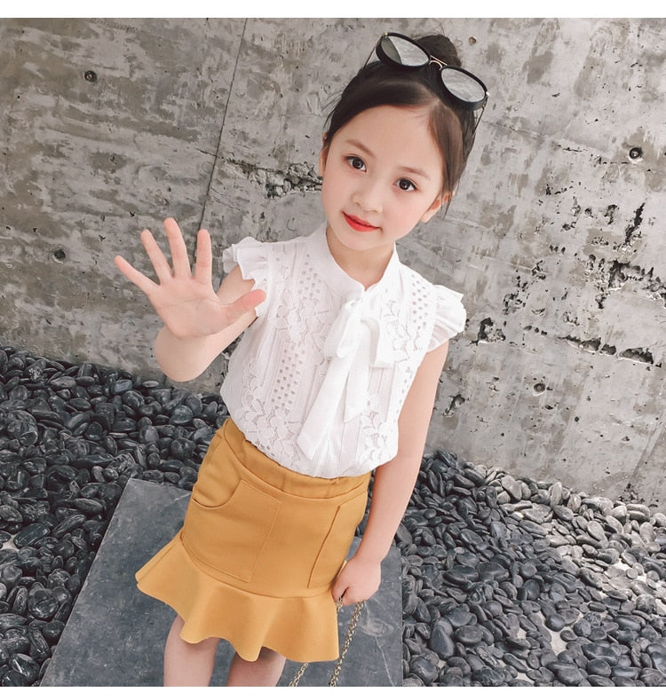 Stylish Summer Girl's Clothing Set with Bubble Sleeve Top and Denim Shorts