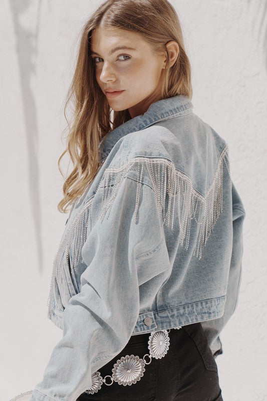 Stylish Denim Fringe Jacket with Rhinestone Embellishments
