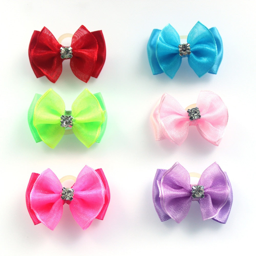 Stylish Pet Dog Hair Bows Set - 100pcs Handmade Rhinestone & Lace Grooming Accessories