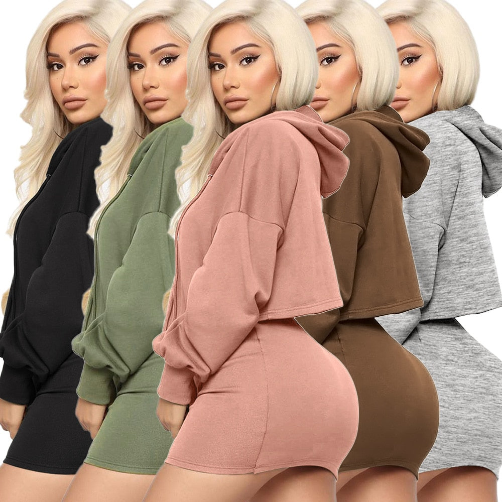 Women's Autumn Hooded Sweater & Mini Skirt Set