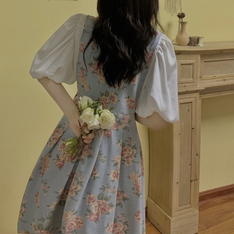 Women's Floral Print Denim Dress with White Blouse Set