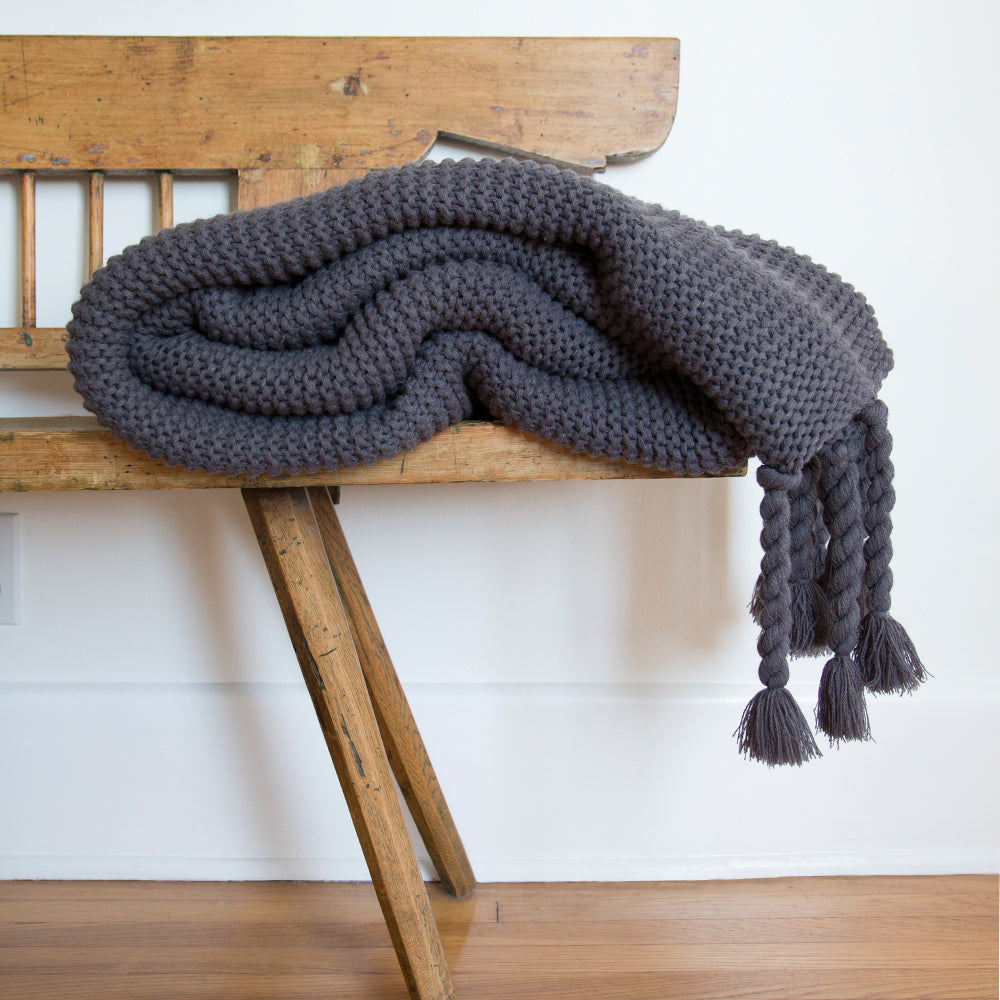 Cozy Chunky Knit Throw with Braided Tassels