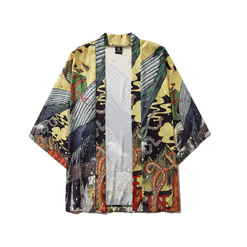 Japanese Anime Style Whale Print Kimono for Men & Women