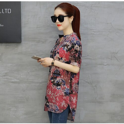 Stylish Chiffon Women's V-Neck Blouse with Short Sleeves