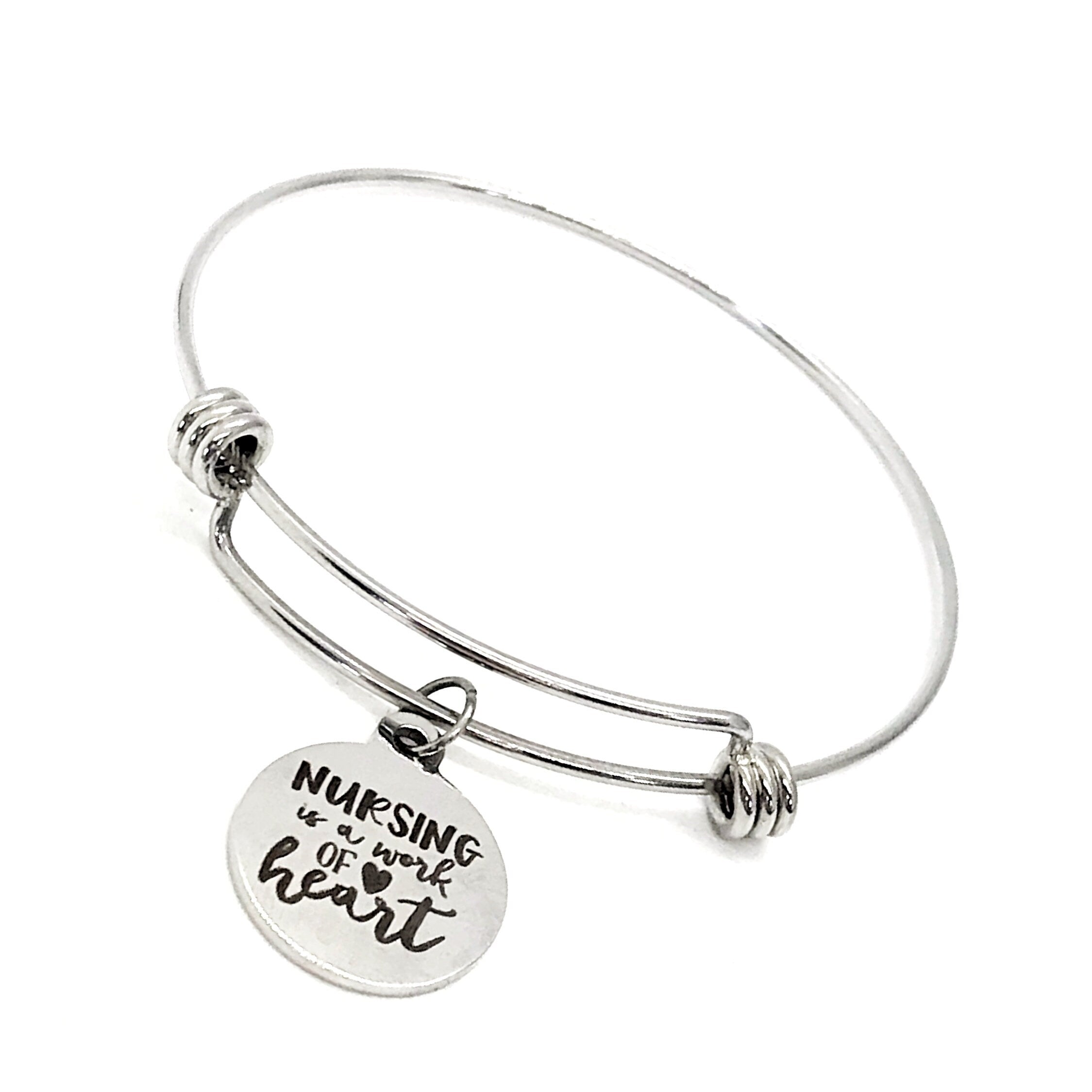 Nurse Appreciation Gift - Stainless Steel Heart Charm Bangle