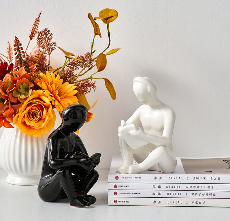 Elegant Reading with Headphones Ceramic Statue