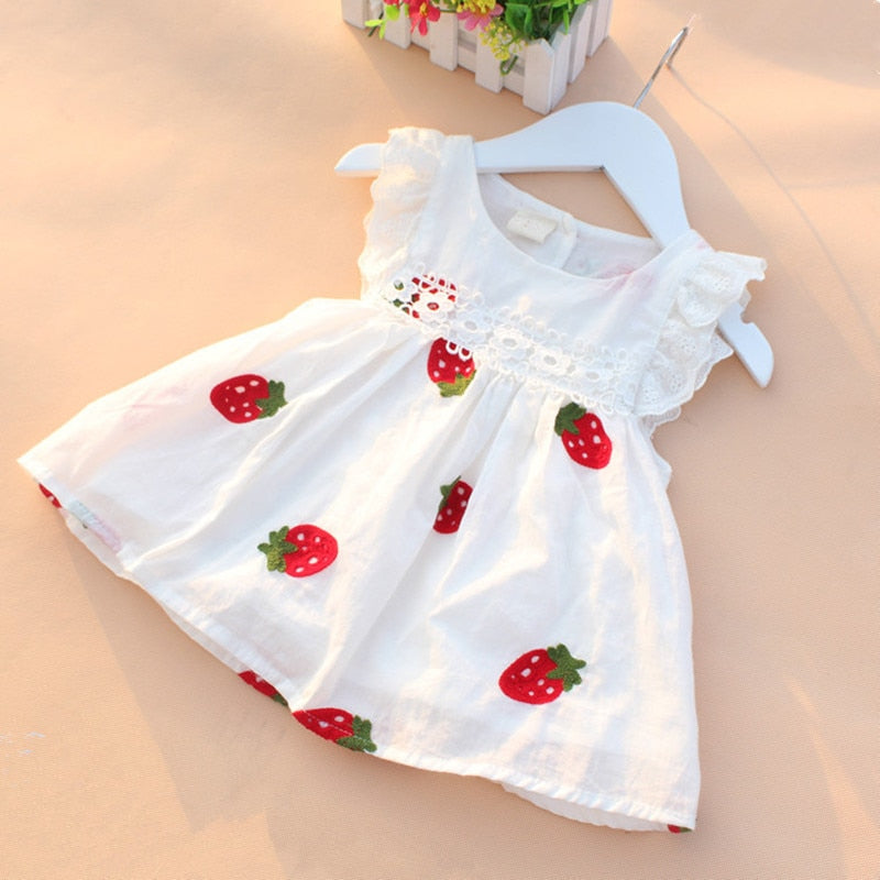 Adorable Summer Puff Sleeve Baby Girl Dress with Strawberry Embroidery