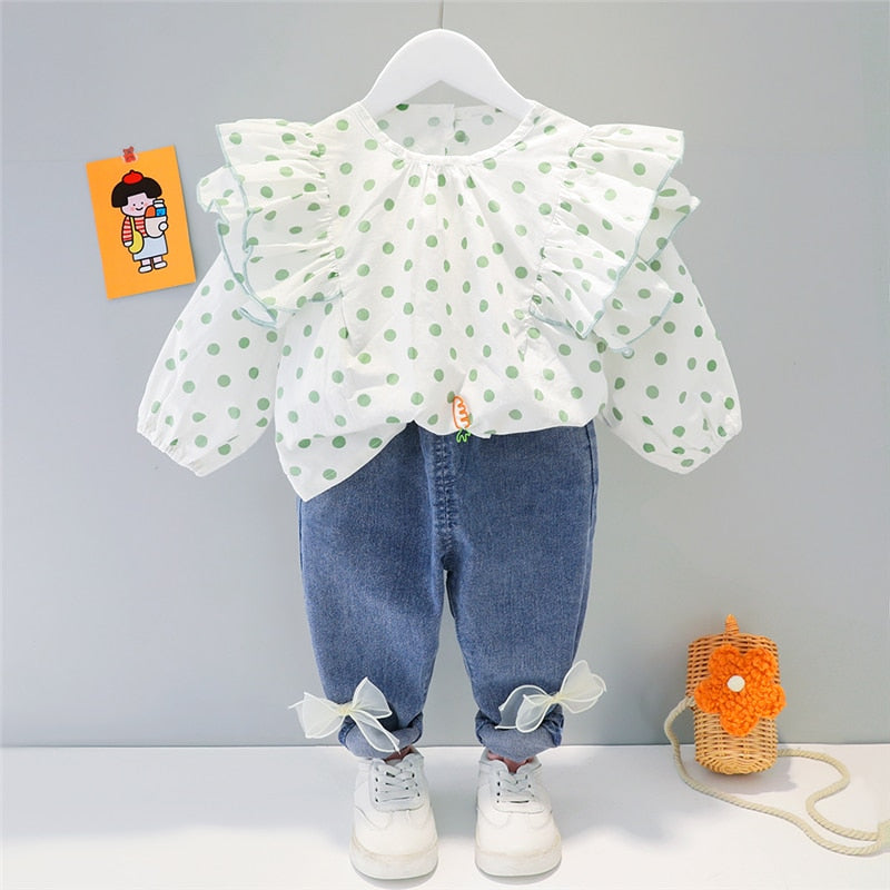 Spring/Autumn Girls' Polka Dot Lace Top & Bow-knot Jeans Set