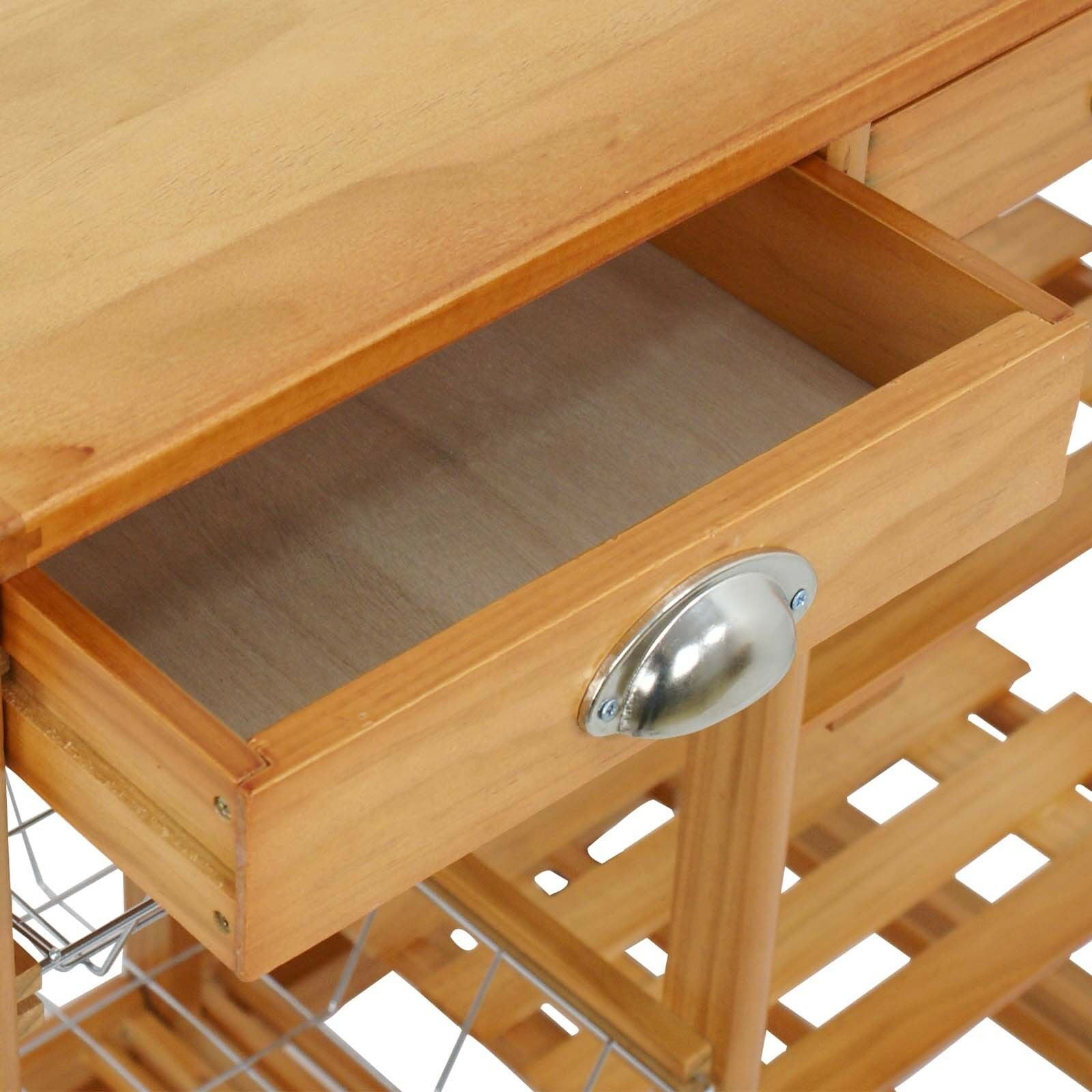 Pine Wood Rolling Kitchen Trolley with Storage Drawers and Bottle Rack