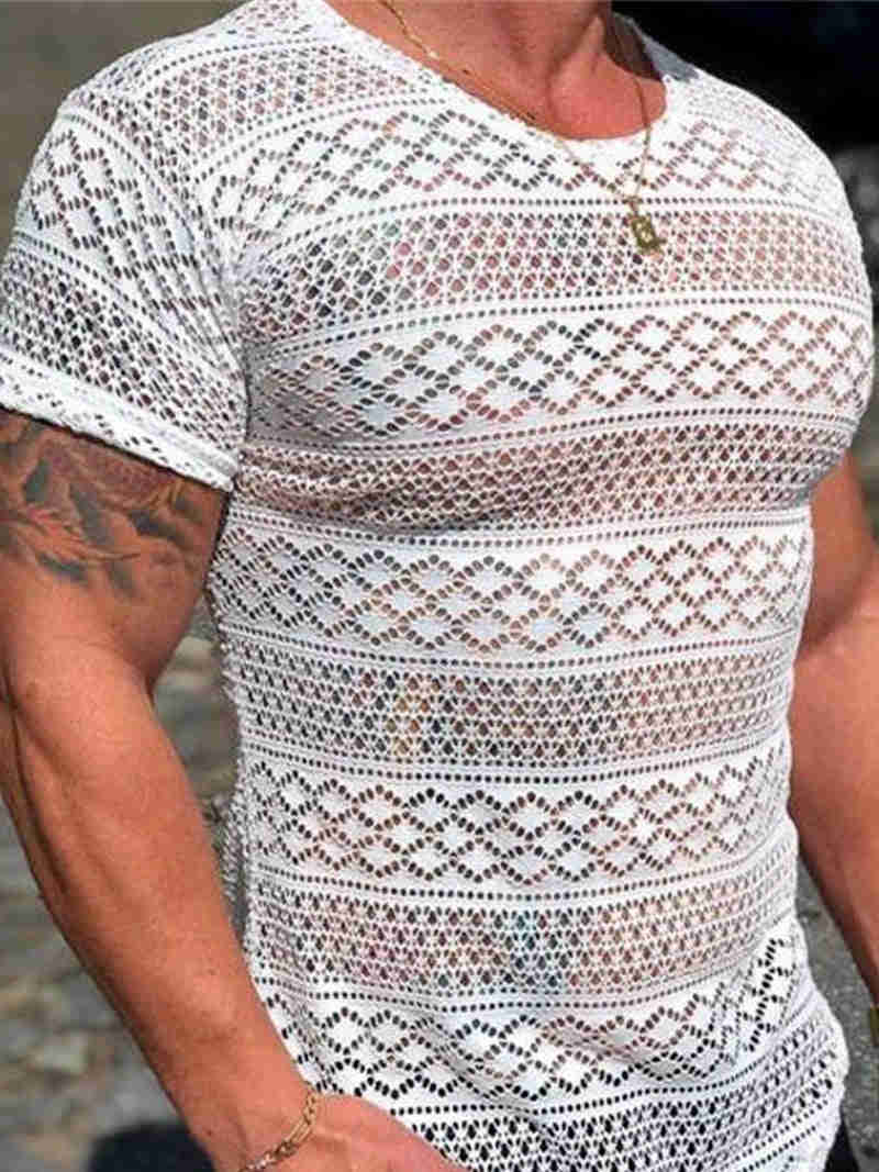 Men's Casual Short Sleeve T-Shirt, Lace Hollow Out Design
