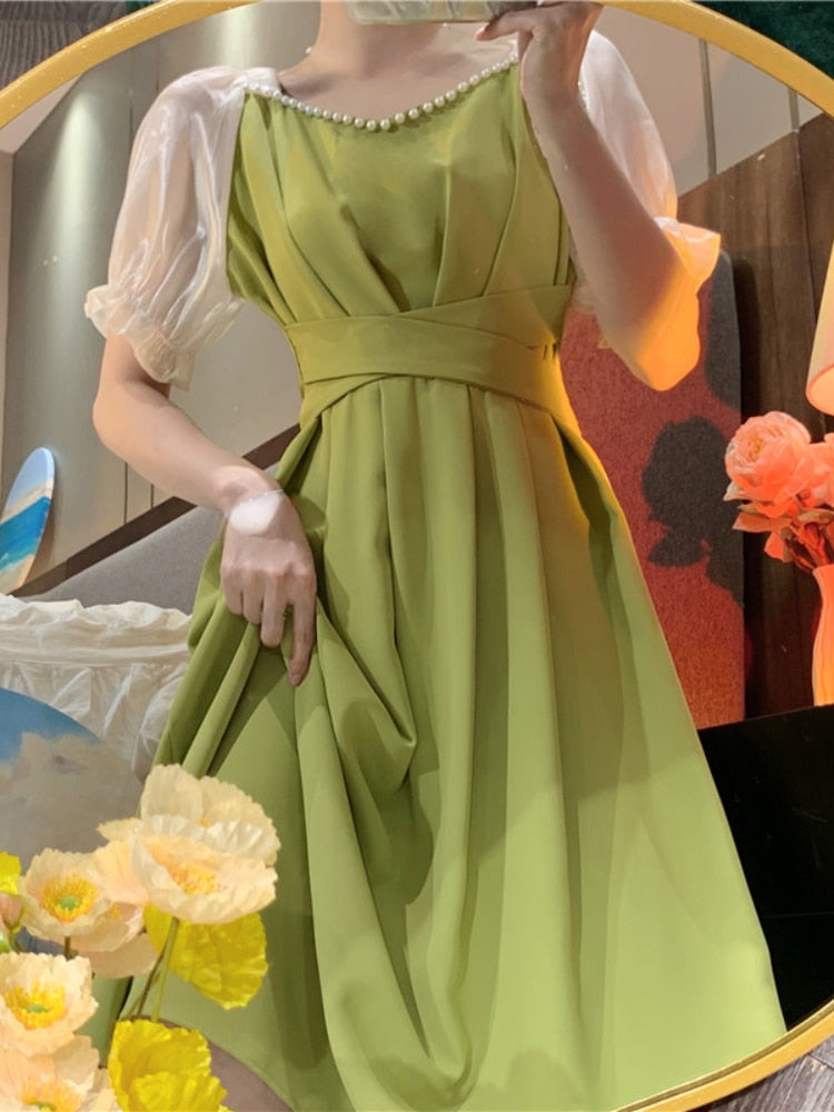 Elegant French Vintage Midi Dress with Puff Sleeves for Summer 2022