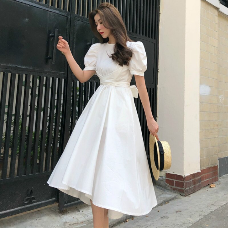 Elegant Puff Sleeve Party Dress with Big Bow