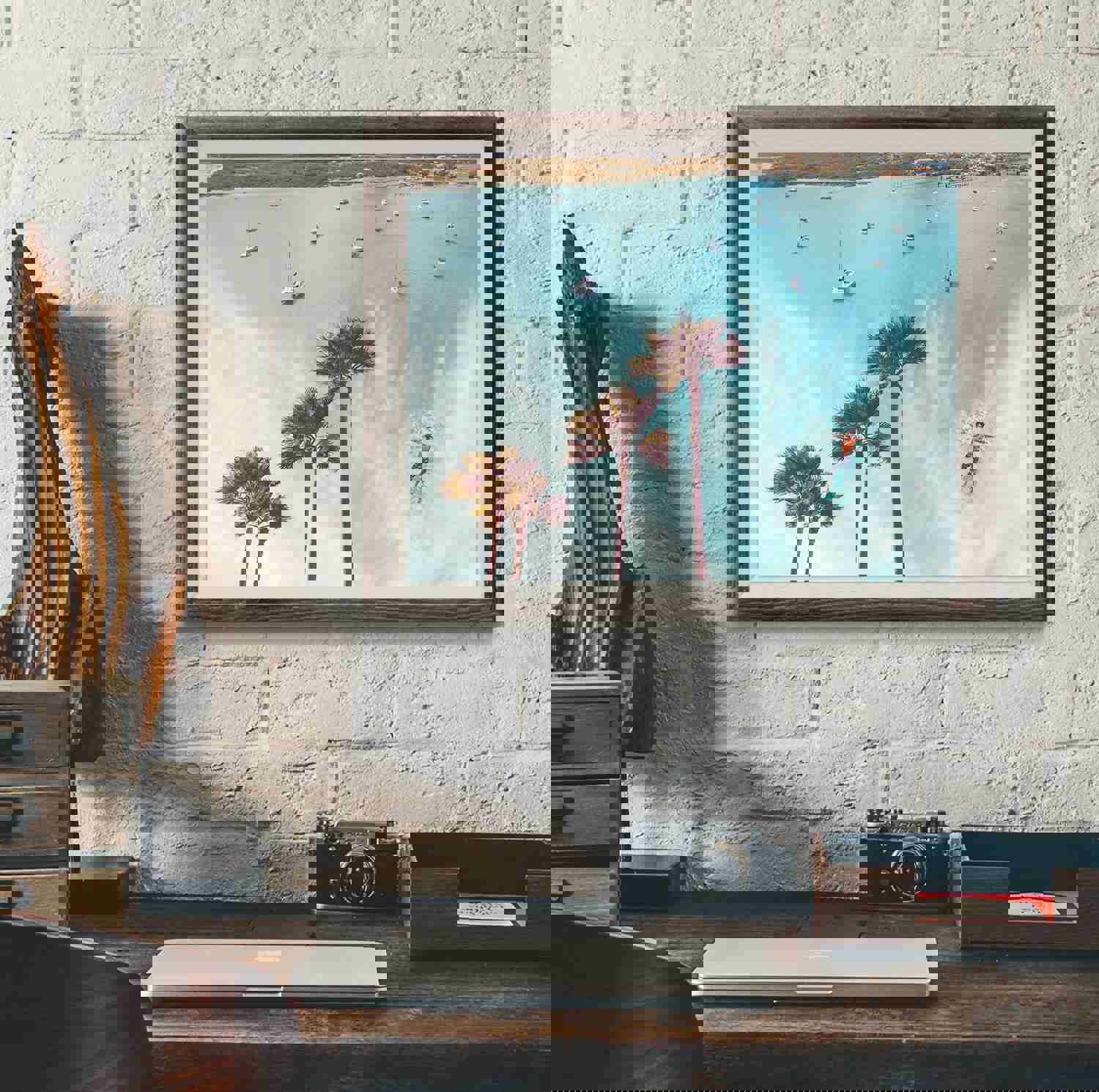 Beach-Inspired Palm Trees and Boat Collage Art Print