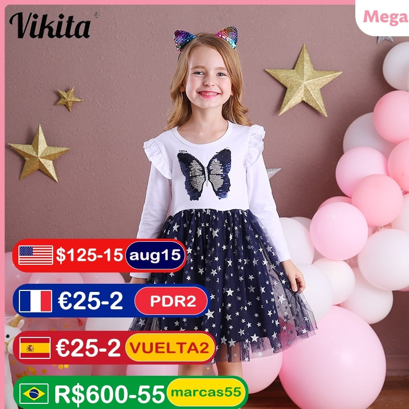 VIKITA Girls' Elegant Ball Gown Dress with Sequins for Autumn