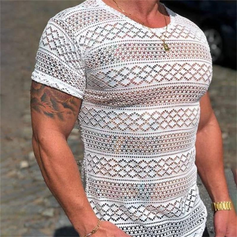 Men's Casual Short Sleeve T-Shirt, Lace Hollow Out Design