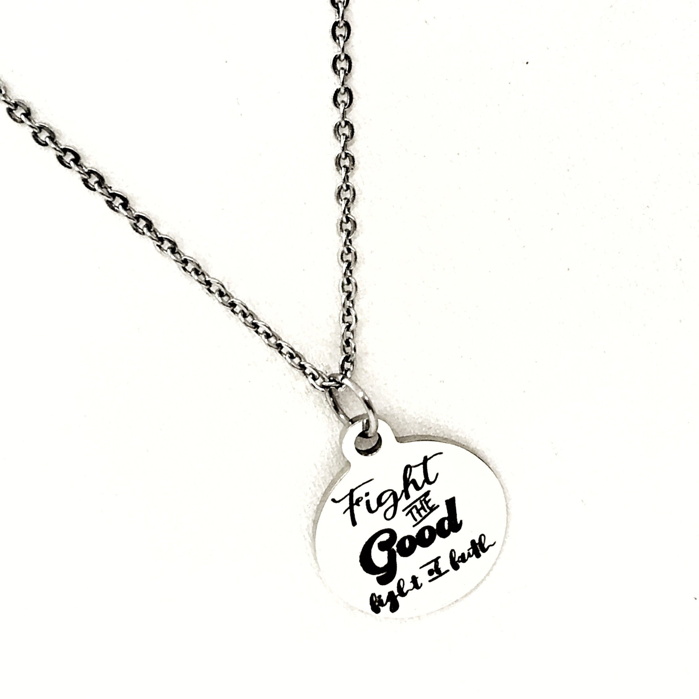 Stainless Steel Engraved 'Fight the Good Fight' Faith Necklace