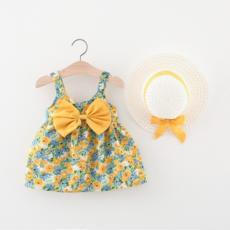 Summer Baby Girls Floral Sleeveless Dresses with Sunhat Set
