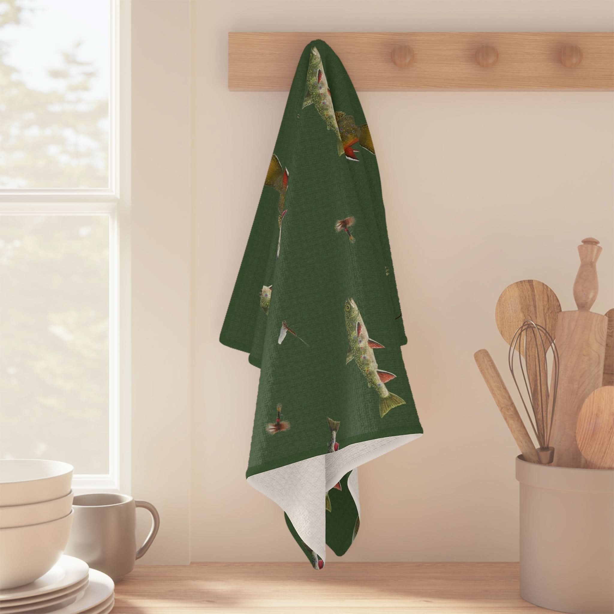 Vibrant Brook Trout and Flies Kitchen Towel
