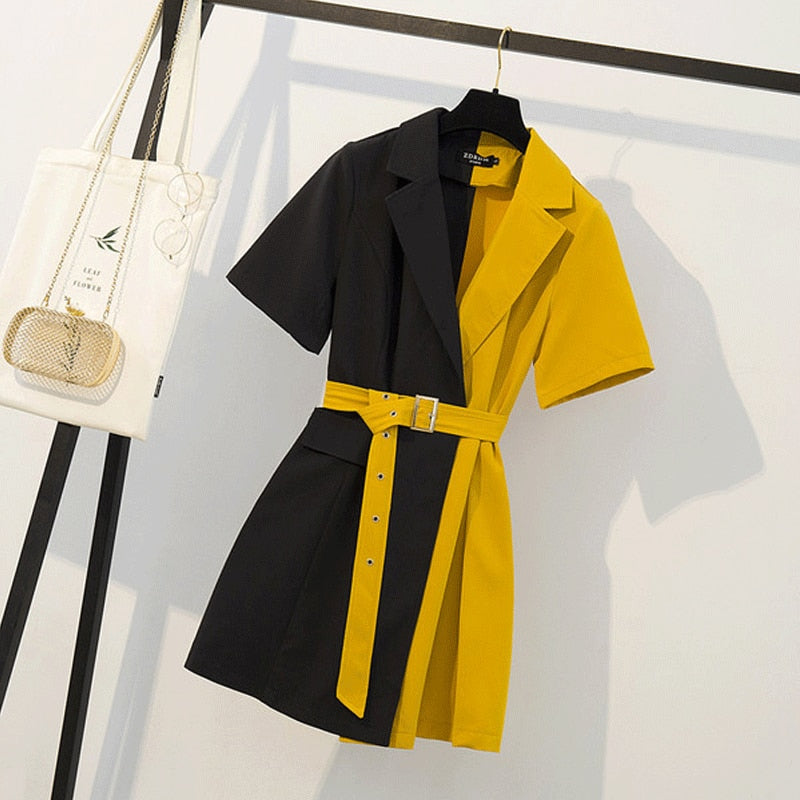 Stylish Summer Women's Mini Dress 2022, Yellow & Black Patchwork Casual Shirt Style