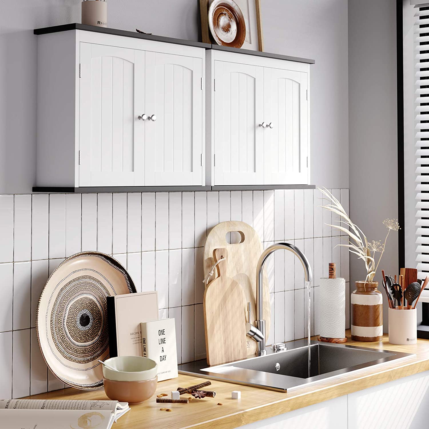 White Wall Mounted Cabinet with 2 Doors for Kitchen and Bathroom