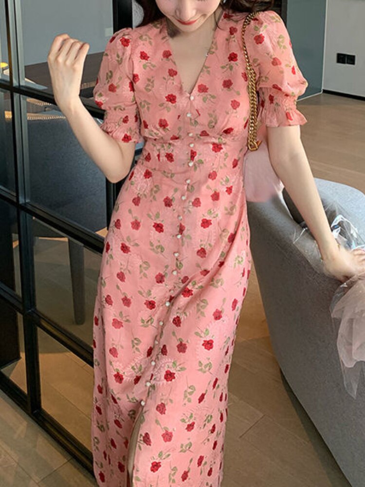 Elegant Floral Vintage Midi Dress for Women - Chic, Casual, and Perfect for Summer 2023