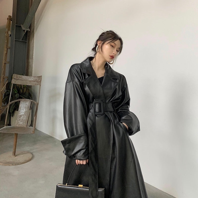 Lautaro Women's Oversized Leather Trench Coat - Long Sleeve, Belted, Fall Fashion