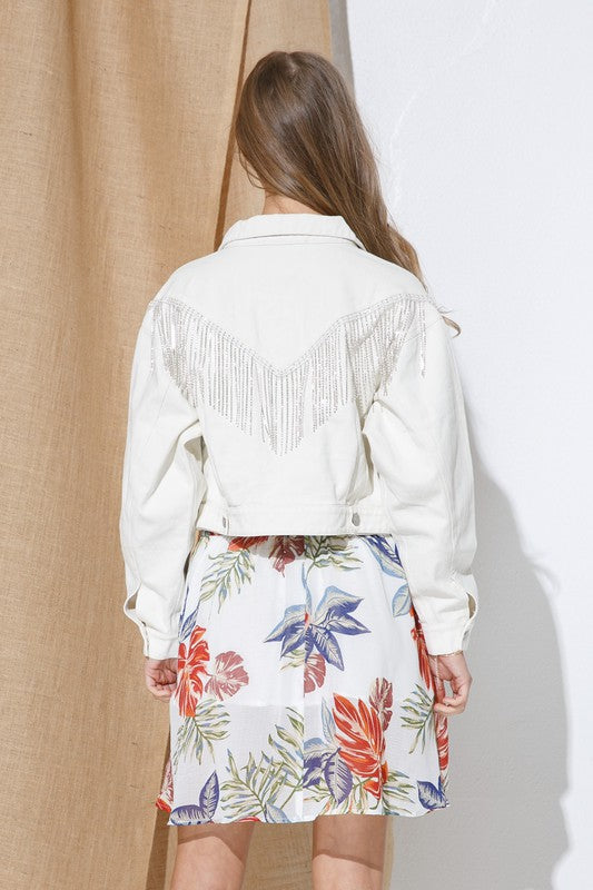 Stylish Denim Fringe Jacket with Rhinestone Embellishments